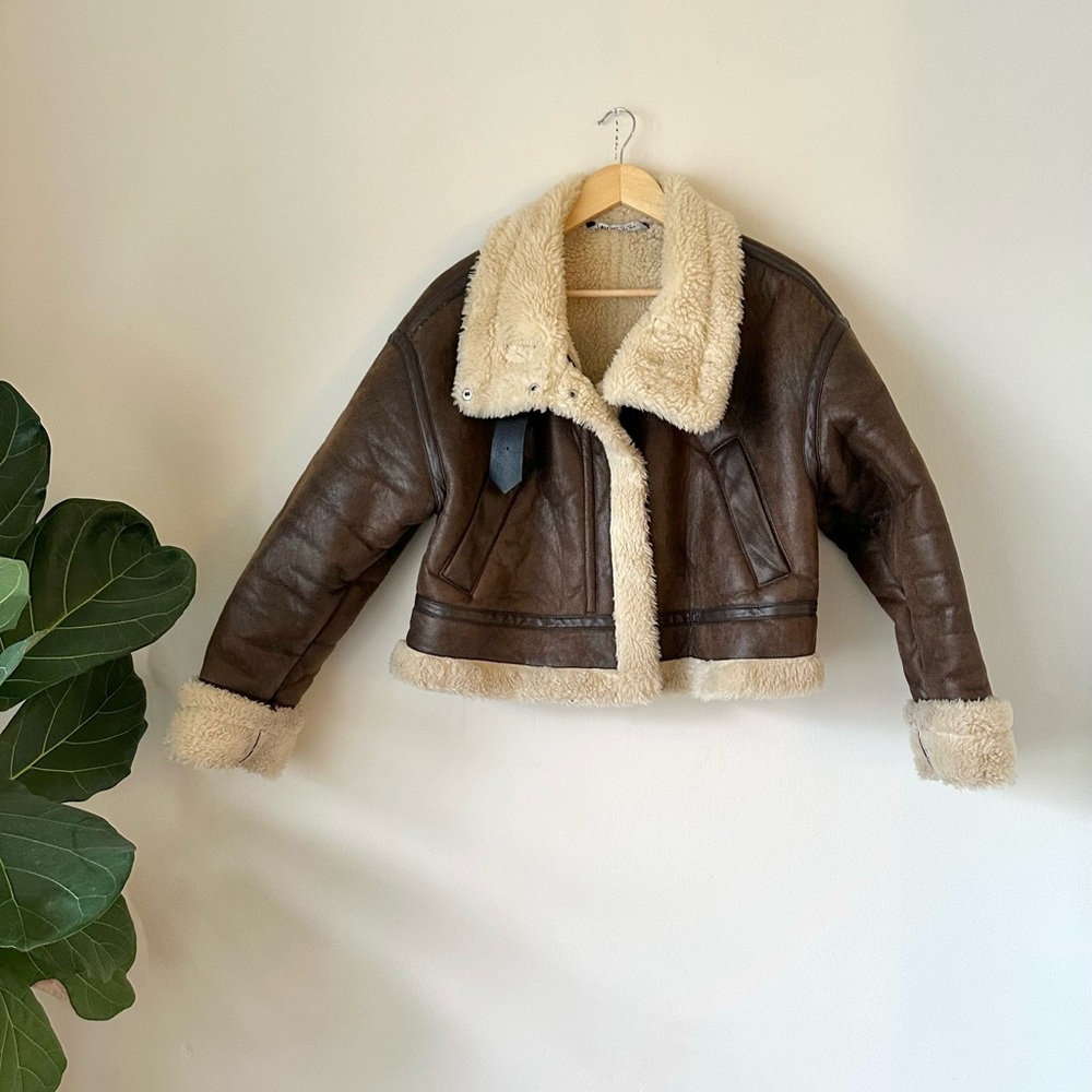 ZARA Double Faced Jacket FAUX Shearling Aviator Bomber Streetwear Grunge Sz S